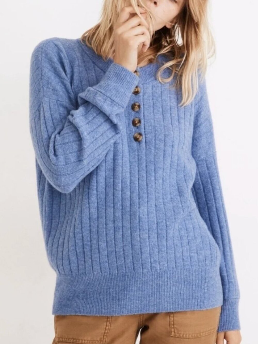 NWOT Madewell Bowden Henley Sweater in Coziest Yarn Blue Wool Alpaca Size XXS